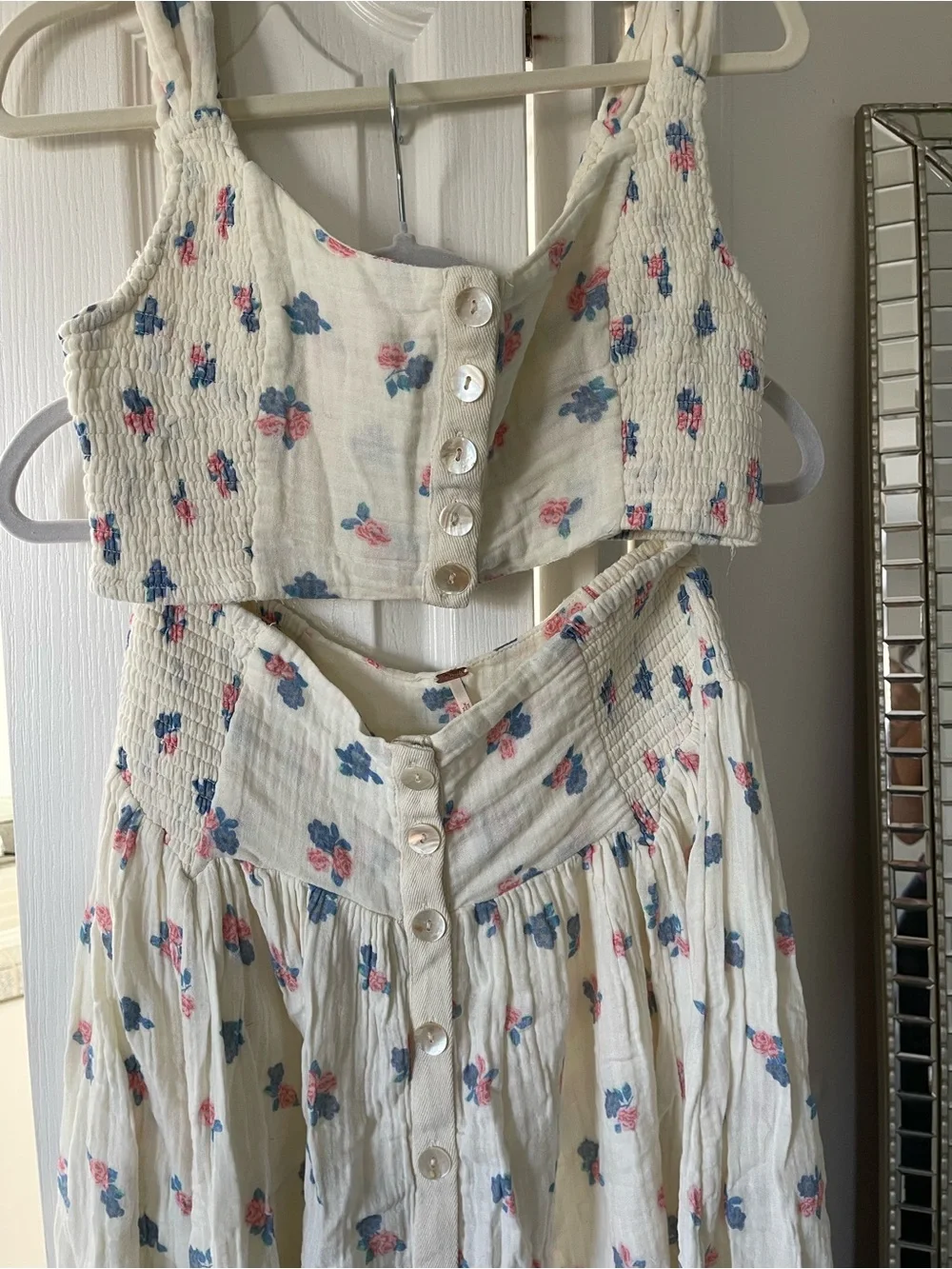 Free People White Floral Button-Front Skirt Set with Pink & Blue Accents